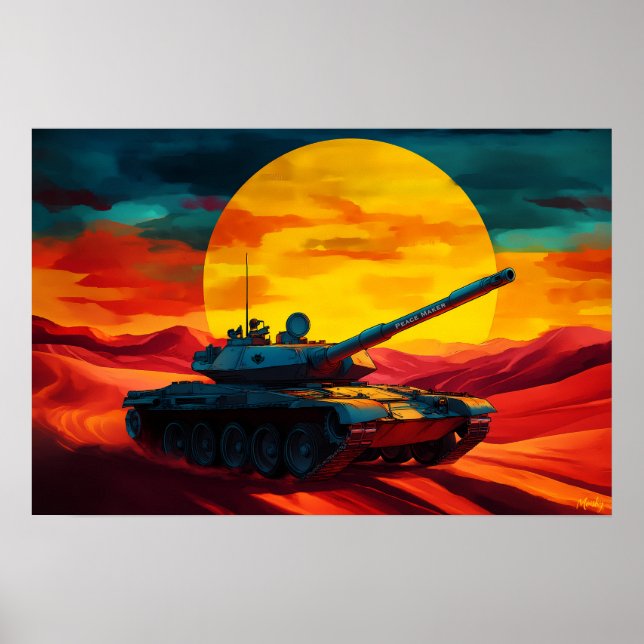 Pop Artstridsvagnsscen Solnedgång - Militärisk kon Poster (Framsidan)