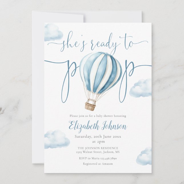 Pop Blue Balloon Boy QR-kod Foto Baby Shower Inbjudningar (Framsida)