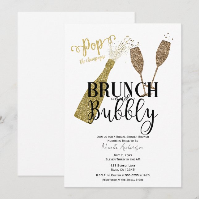 POP Champagne Brunch & Bubbly Bröllopsdusch Inbjudningar (Fram/baksida)