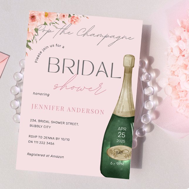 Pop Champagne Dusty Rosa Blommigt Möhippa Inbjudningar (Pop the Champagne Dusty Pink Floral Bridal Shower Invitation)