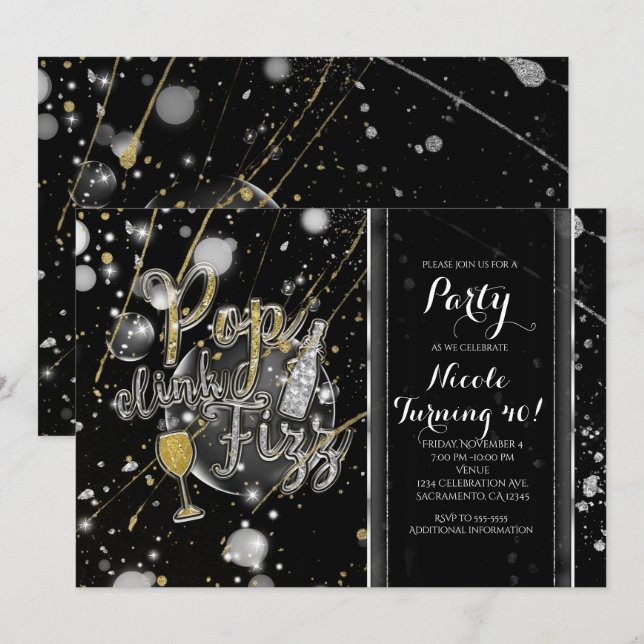 POP CLINK FIZZ Champagnebubblor Festliga Inbjudnin Inbjudningar (Fram/baksida)