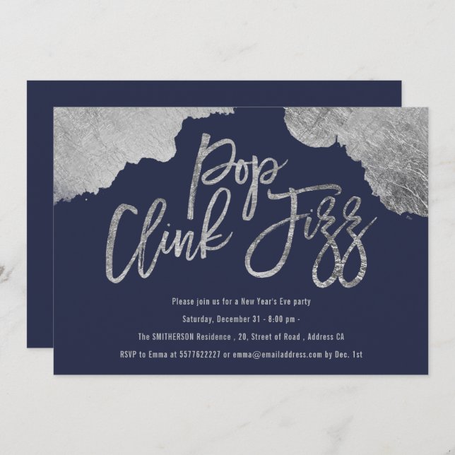 Pop clink fizz-skript blå silver-Nyårsafton Inbjudningar (Fram/baksida)