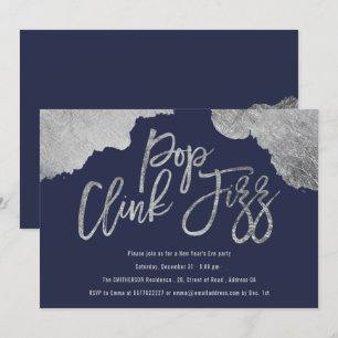 Pop clink fizz-skript blå silver-Nyårsafton Inbjudningar