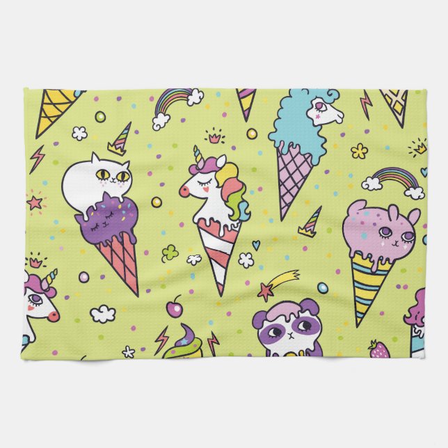 Pop Cute Ice Cream: Animal Mönster Kökshandduk (Horisontell)
