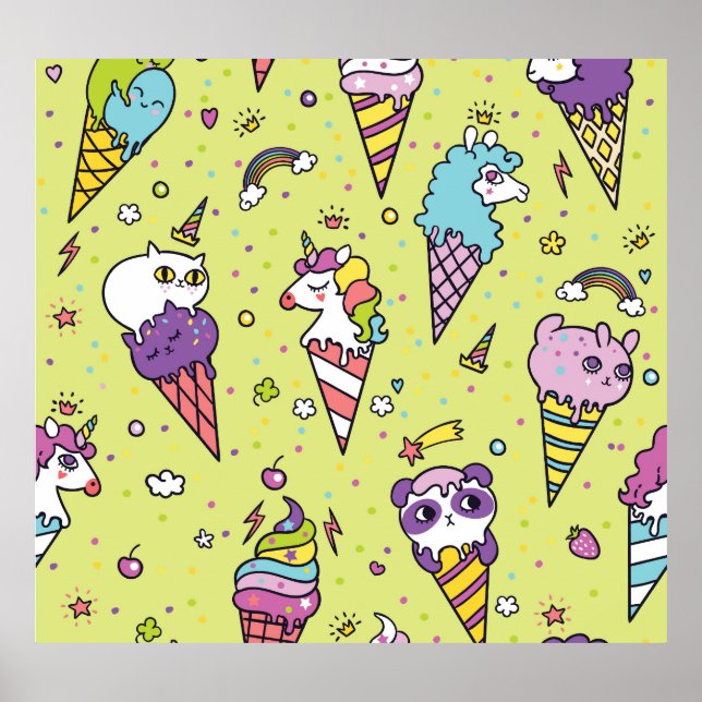 Pop Cute Ice Cream: Animal Mönster Poster (Framsidan)