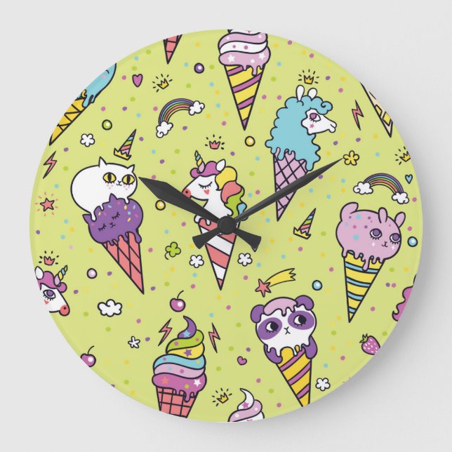 Pop Cute Ice Cream: Animal Mönster Stor Klocka (Framsida)