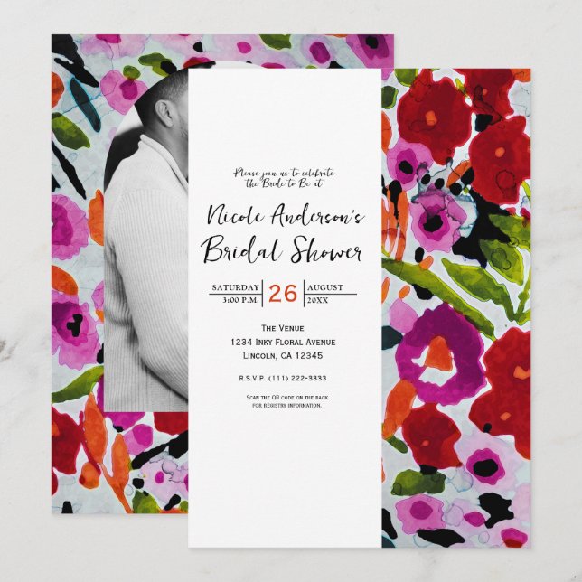 Pop Färg Inky Watercolor Flowers Möhippa Inbjudningar (Fram/baksida)