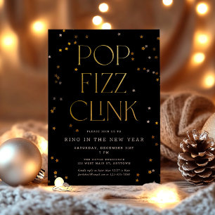 Pop Fizz Clink Black Guld Confetti-Nyårsafton Inbjudningar