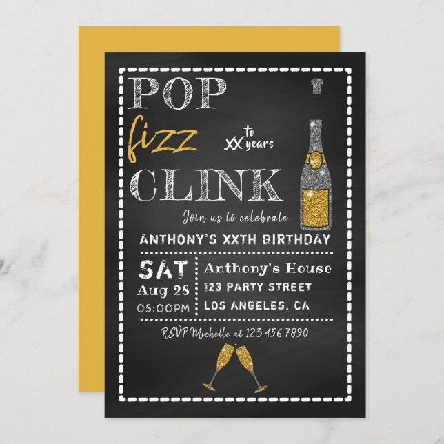 Pop Fizz Clink Chalkboard Milestone Birthday Inbjudningar (Fram/baksida)