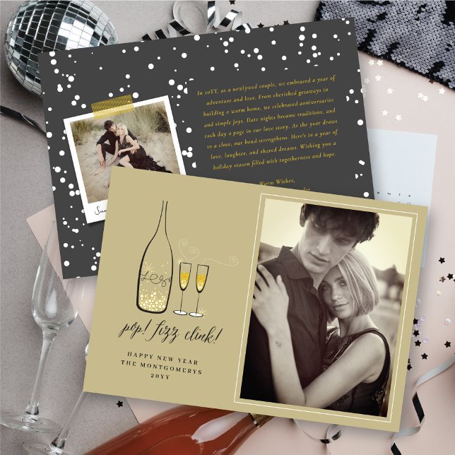 Pop Fizz Clink Champagne Cheer - nyårskort Julkort (Pop Fizz Clink Champagne Cheer New Year Photo Card @ fat_fa_tin)
