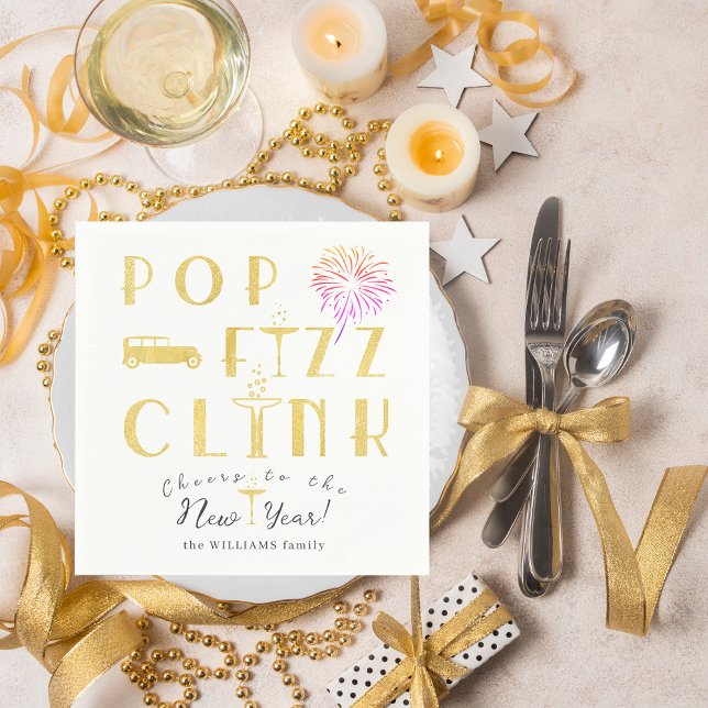 Pop Fizz Clink Gold Modern Typograpy New Years Eve Pappersservett (Pop Fizz Clink Gold Modern Typography New Year's Eve Gatsby Theme Old Money Party Napkins)