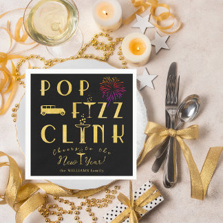 Pop Fizz Clink Gold Typograpy Modern New Years Eve Pappersservett