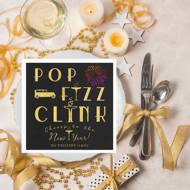 Pop Fizz Clink Gold Typograpy Modern New Years Eve Pappersservett (Pop Fizz Clink Gold Modern Typography New Year's Eve Gatsby Theme 1920s Old Money Party Napkins)