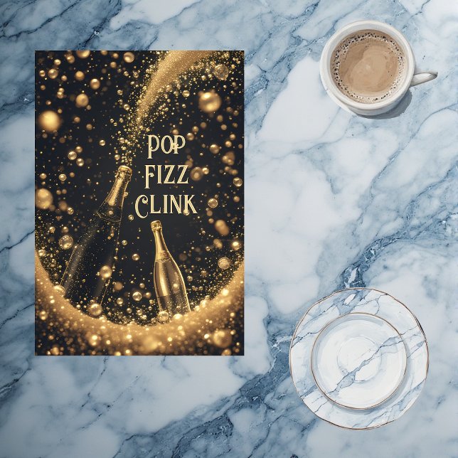 Pop Fizz Clink Midnatt Guld Champagne Bubblor  Kökshandduk (Pop Fizz Clink Midnight Gold Champagne Bubbles Kitchen Towel)