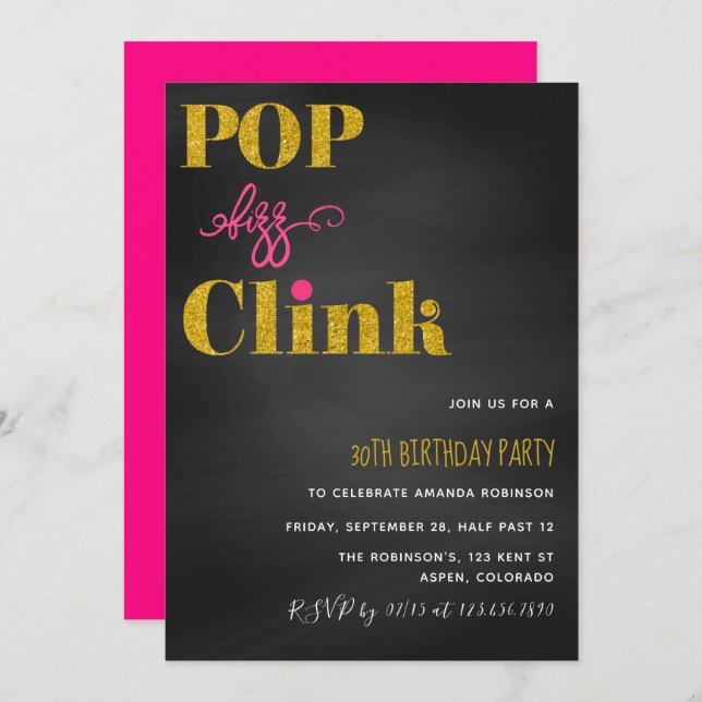Pop fizz clink rosa och guld glitter chalkboard inbjudningar (Fram/baksida)