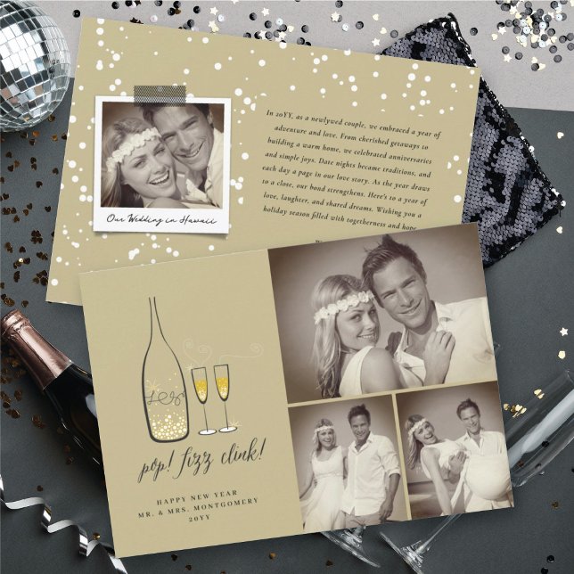 Pop Fizz Clink Snyggt Guld Champagne Chic 3 Foto Julkort (Pop Fizz Clink Stylish Gold Champagne Chic 3 Photo Holiday Card @ fat_fa_tin)