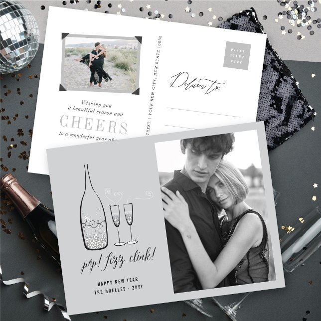 Pop Fizz Clink Snyggt Silver Champagne Chic Photo Helg Vykort (Pop Fizz Clink Stylish Silver Champagne Chic Photo Holiday Postcard @ fat_fa_tin)