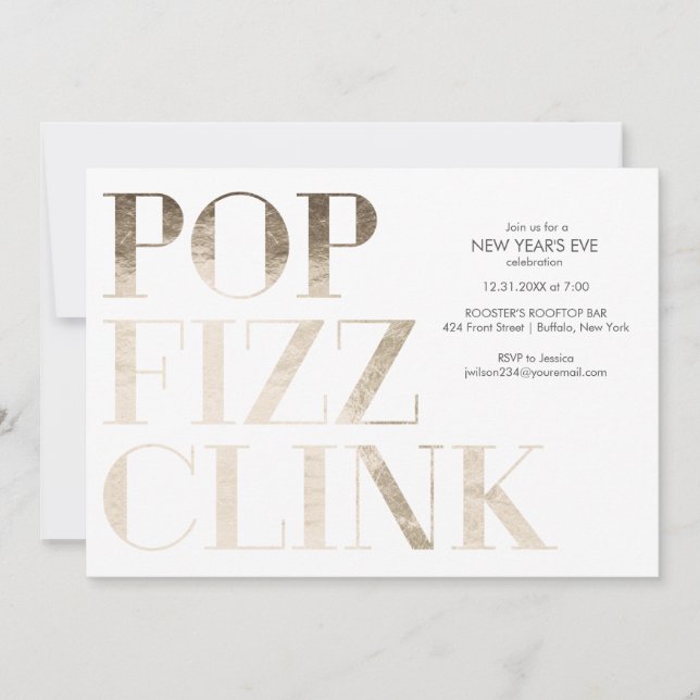 Pop Fizz Klirka Falskt Guld Folie Nyår Inbjudningar (Framsida)