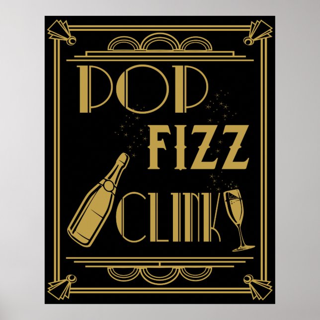 Pop Fizz Klirka Partyaffisch Art déco Poster (Framsidan)