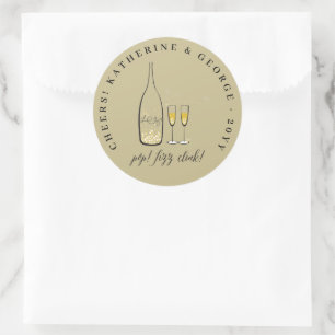 Pop Fizz Klirrar Stylfull Guld Champagne Lyster Ch Runt Klistermärke