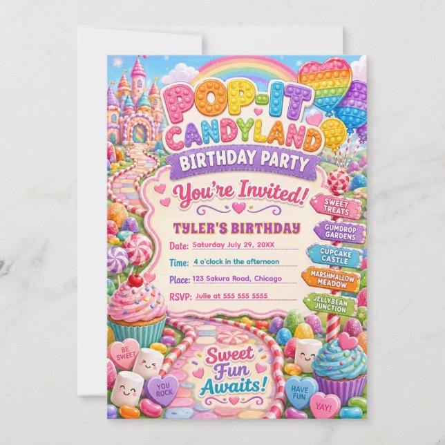 Pop-It Candyland Födelsedagsfest Inbjudningar (Framsida)