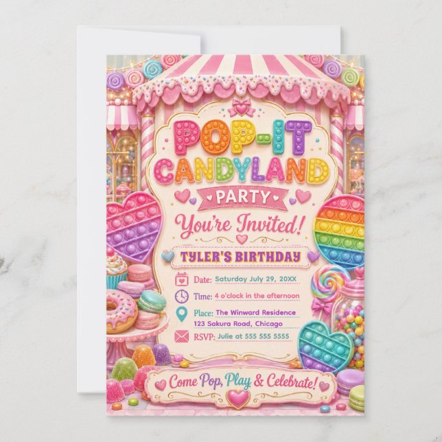Pop-It Candyland Födelsedagsfest Inbjudningar (Framsida)