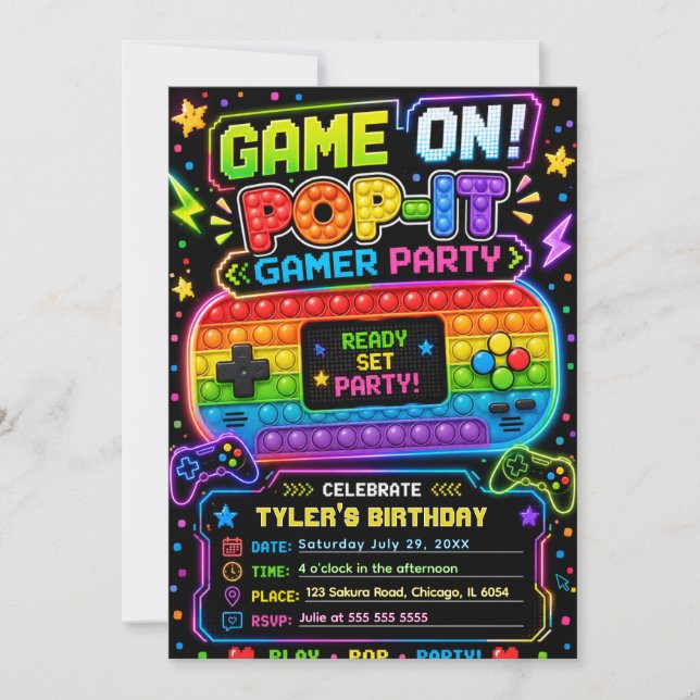 Pop It Gamer Födelsedagsfest Inbjudningar (Framsida)