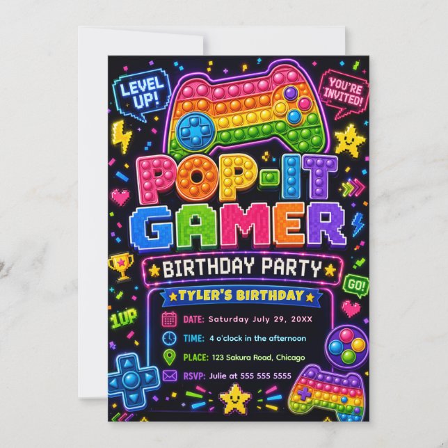 Pop It Gamer Födelsedagsfest Inbjudningar (Framsida)