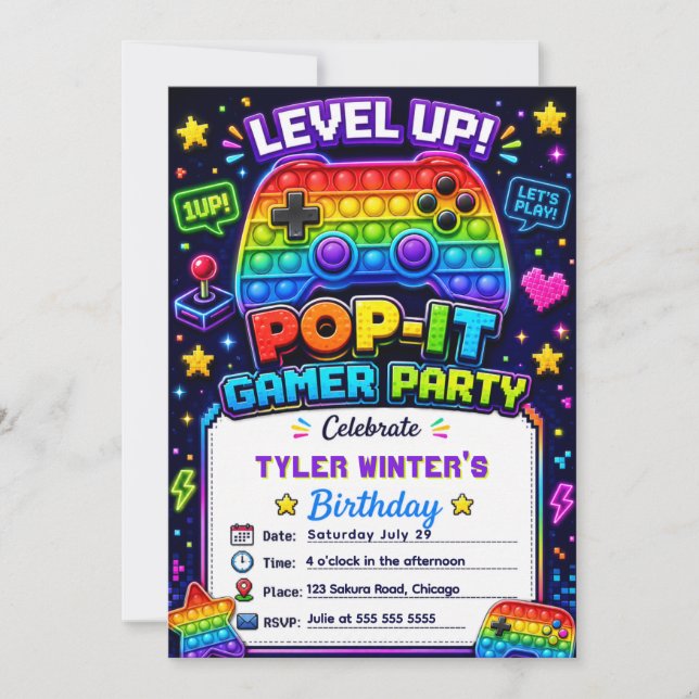 Pop It Gamer Party Födelsedagsfest Inbjudningar (Framsida)