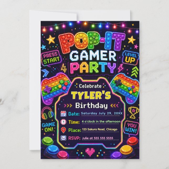 Pop It Gamer Party Födelsedagsfest Inbjudningar (Framsida)