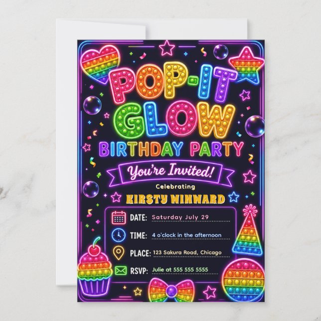Pop It Glow Party Födelsedagsfest Inbjudningar (Framsida)