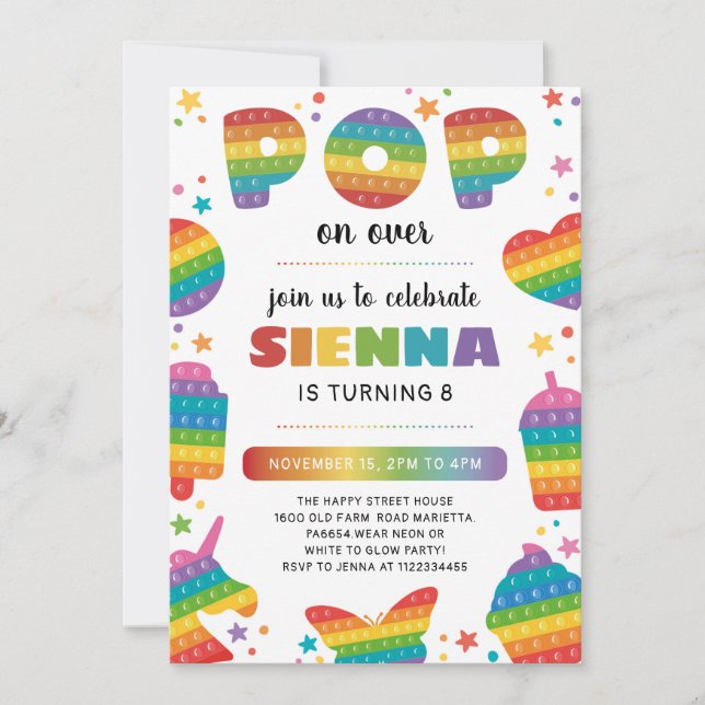 Pop it Invitation for Birthday Party Fidget Toy  Inbjudningar (Framsida)