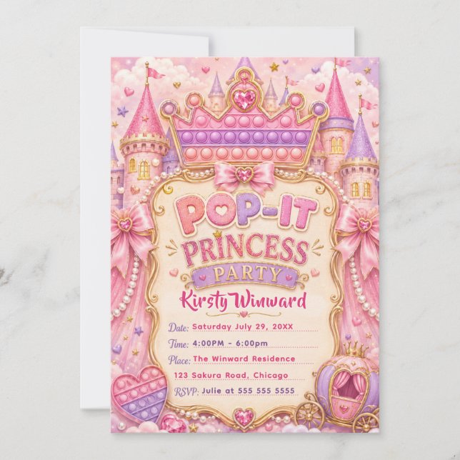 Pop-It Prinsessa Födelsedagsfest Inbjudningar (Framsida)