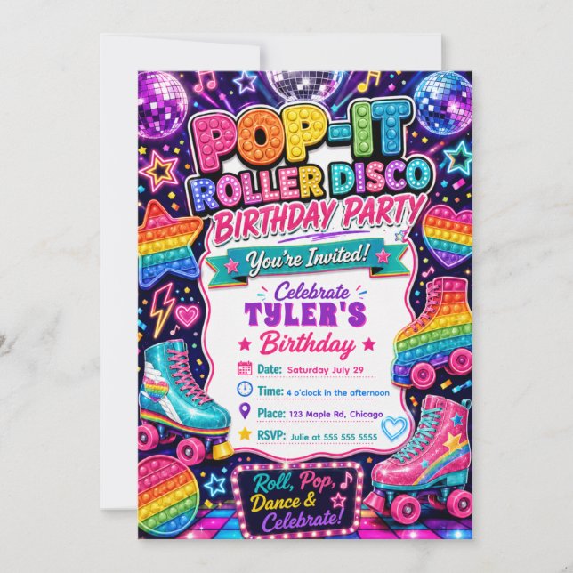 Pop It Roller Disco Födelsedagsfest Inbjudningar (Framsida)