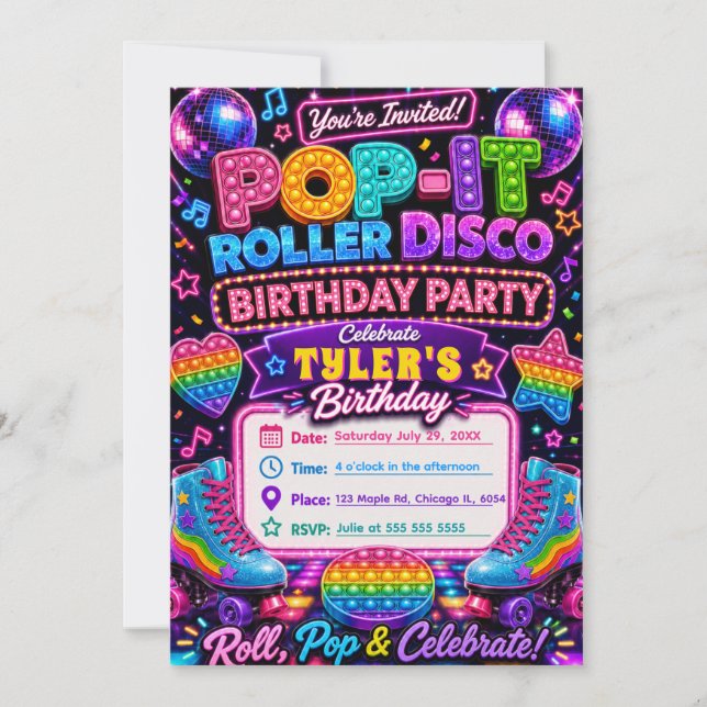 Pop It Roller Disco Födelsedagsfest Inbjudningar (Framsida)