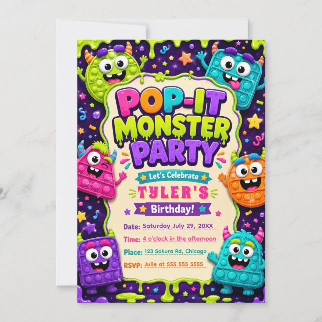 Pop It söta monster födelsedagsfest Inbjudningar (Framsida)