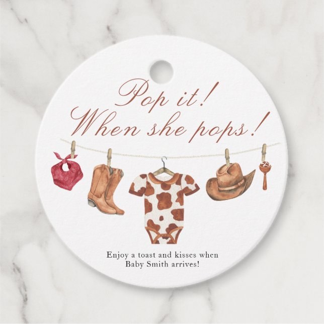 Pop it when she pops! - Cowboy Baby shower Gåvor Etiketter (Framsida)