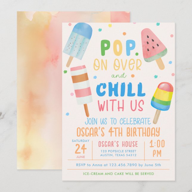 Pop on Over and Chill Ice-kräm Barns födelsedag Inbjudningar (Fram/baksida)