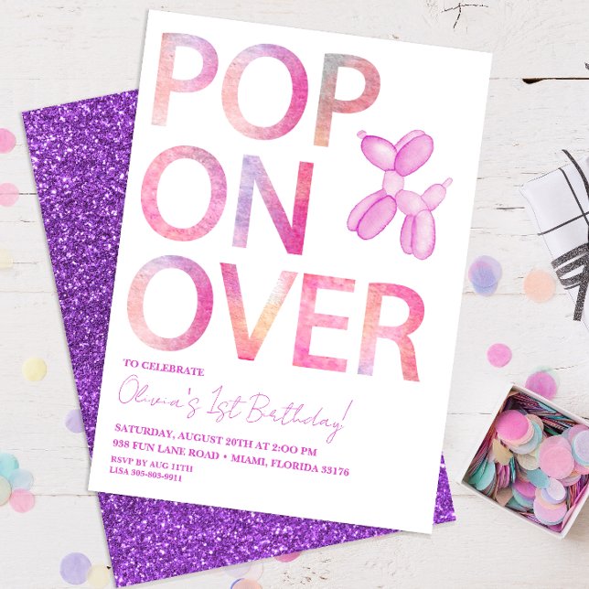 Pop on Over Girl Balloon Hund Birthday Inbjudan (pop over purple birthday invitation)