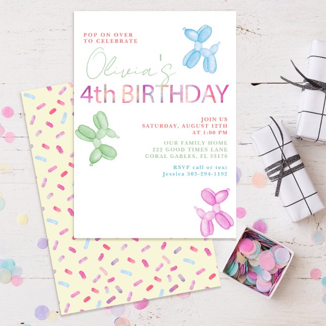 Pop över 4e födelsedagen-ballongen Hund Inbjudan (colorful pastel fourth birthday party balloon invitation for kids)