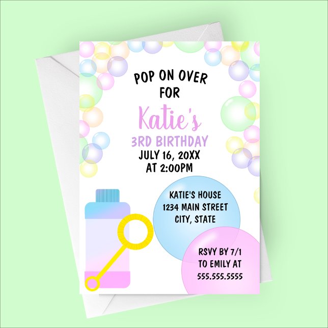 Pop över Barns födelsedag Party Inbjudningar (Pop on Over | Bubbles Birthday Party Invitation | Spring or Summer Birthday)