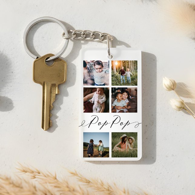 Pop-skript| Farbarn - Fotorutnätskoppling (Pop Pop Script | Grandchildren Photo Grid Collage Keychain)