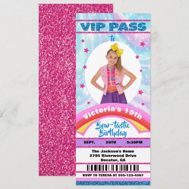 Pop Star Bow Photo VIP-pass biljett Birthday Inbjudningar (Fram/baksida)