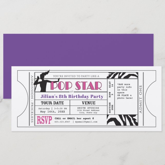 Pop Star Vintage Party Biljett Inbjudningar (Fram/baksida)