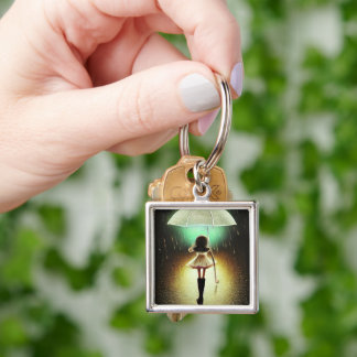 Pop Surrealism Flytande Parbrella Girl Fyrkantig Silverfärgad Nyckelring