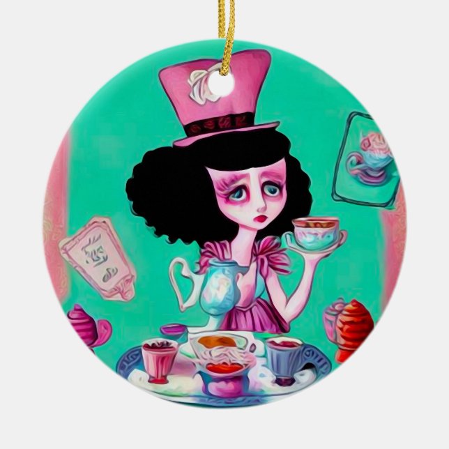 Pop Surrealism Mad Hatter Girl Julgransprydnad Keramik (Framsidan)