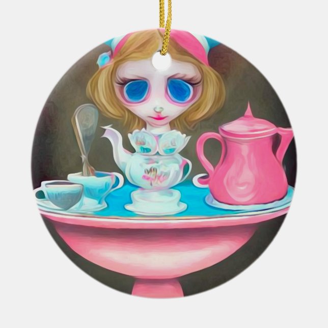 Pop Surrealism Målad Wonderland Tea Party Julgransprydnad Keramik (Framsidan)