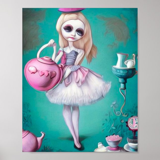 Pop Surrealism målade Alice & Tea Pot Poster (Framsidan)