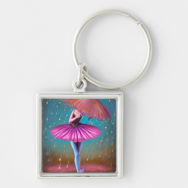 Pop Surrealism Umbrella Rain Ballerina Fyrkantig Silverfärgad Nyckelring (Framsidan)