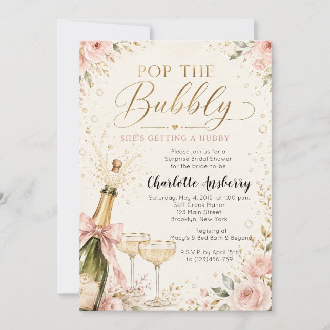 Pop The Bubbly Blommig Bröllopsdusch Inbjudan (Framsida)
